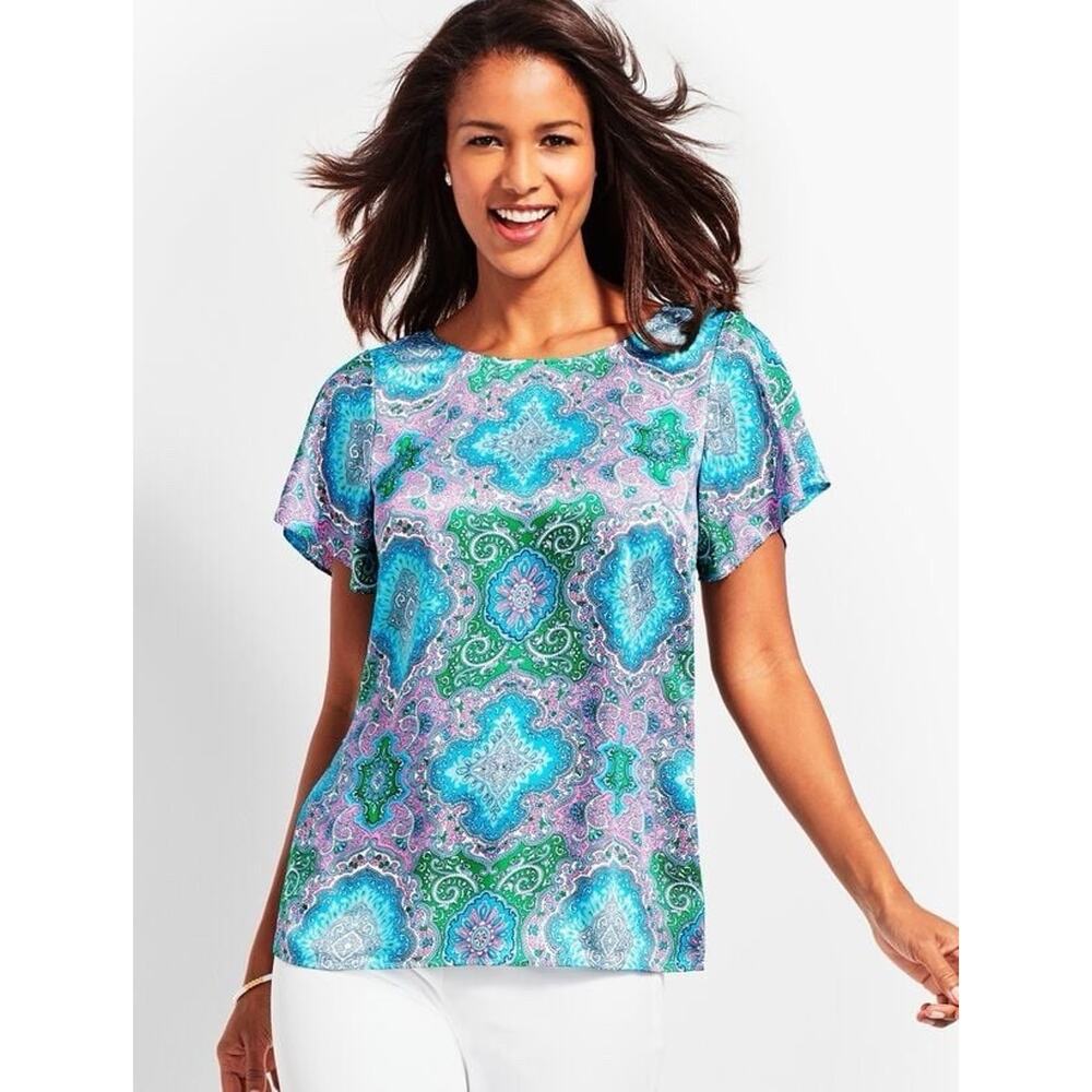 Talbots Women’s Paisley V Neck Back Top Satin Pink Blue Size Small